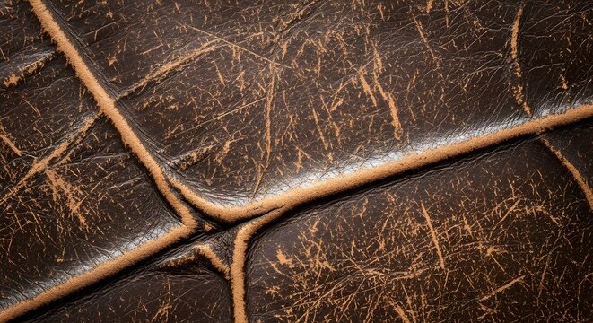 High-angle macro shot of worn dark brown leather featuring heavy creasing, deep weathered cracks, and a scratched vintage surface.