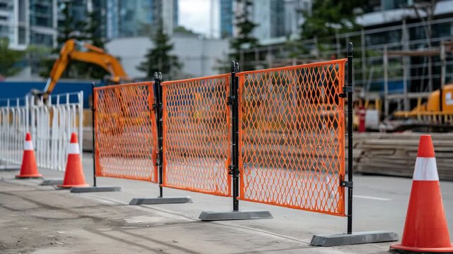 Close-up of modular temporary fencing panels with orange mesh and metal braces, angled to follow a construction zone edge, small safety cones positioned along the base, blurred bui