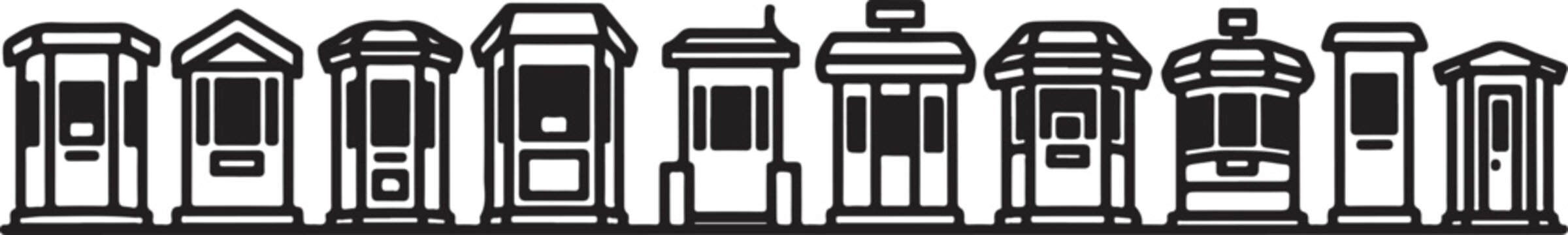 Row of elegant townhouses with distinct gabled roofs and windows Vector