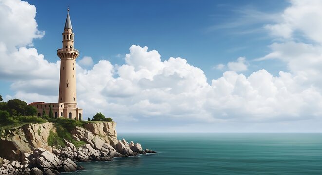 An elegant tall tower stands on a rugged rocky cliff overlooking a calm turquoise sea under a cloudy sky.
