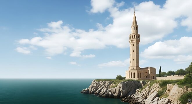 An elegant tall tower stands on a rugged rocky cliff overlooking a calm turquoise sea under a cloudy sky.