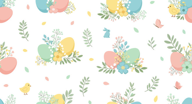 A charming Easter seamless pattern features colorful eggs and delicate floral accents scattered across a clean white background, creating a cheerful and festive design