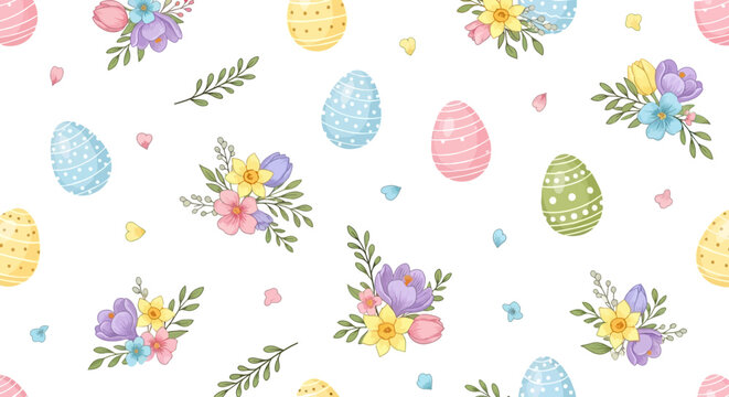 Delicate spring floral Easter pattern set featuring pastel eggs and flower arrangements is displayed as a seamless repeat in a vector illustration, perfect for wrapping paper and textile
