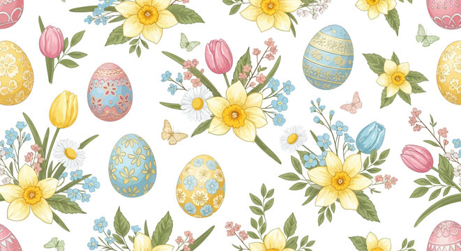 Festive spring Easter seamless pattern displaying colorful eggs and floral elements, including roses and daffodils, creating a cheerful decorative design suitable for wrapping paper