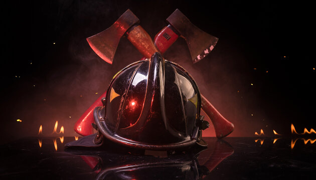 International Firefighters Day - Firefighter Helmet and Axes Emblem Symbol of Courage, Service, and Protection