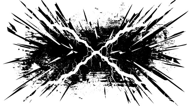 Explosion grunge effect with black burst lines and lightning cracks on white background featuring texture, abstract, dynamic with energy and power