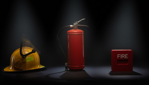 International Firefighters Day - Safety equipment including a fire extinguisher, helmet, and fire alarm box illuminated with spotlights on a dark background