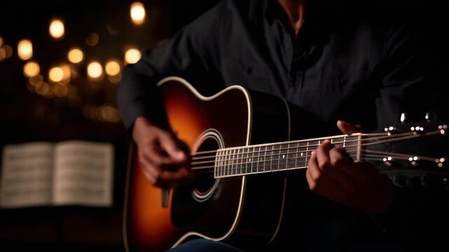 Detailed close-up of hands playing a resonant chord on a gleaming acoustic guitar body, warm amber tones from indoor lighting enhancing the lacquer finish, precise finger placement