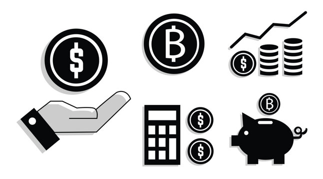 Finance and Cryptocurrency Icons Set &ndash; Money, Bitcoin, Savings and Investment Symbols Collection