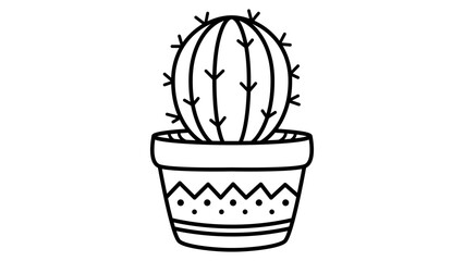 Minimalist black line vector icon illustration of a small round cactus in a decorative pot with zigzag patterns and dots, hand-drawn style on a white background for nature and plant design. © UMMEFARHANA