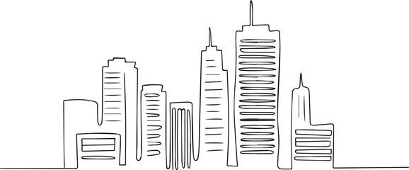 Fototapeta premium Minimalist cityscape continuous line drawing; simple urban skyline silhouette design element, Continuous Line Drawing of a Modern City Skyline outline, abstract continuous line drawing of a modern.
