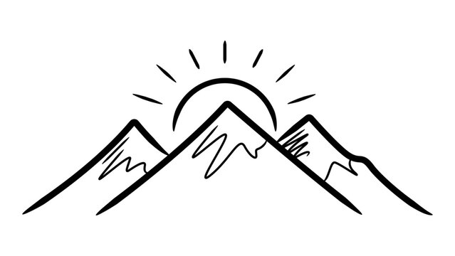 Minimalist black line vector icon illustration of mountain peaks with a rising sun. Hand-drawn outline design on a white background, ideal for outdoor adventure, hiking, travel, and nature logos.