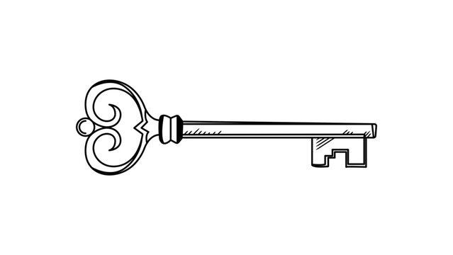 Ornate vintage skeleton key vector icon illustration. Hand-drawn minimalist black line art on white background. Antique metal key with decorative heart-shaped handle for lock and security style.