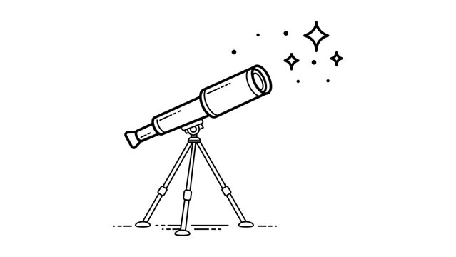 Minimalist black line vector icon of a telescope on a tripod pointing at stars, hand-drawn outline illustration for astronomy, science, and space exploration, scalable SVG graphic on white.