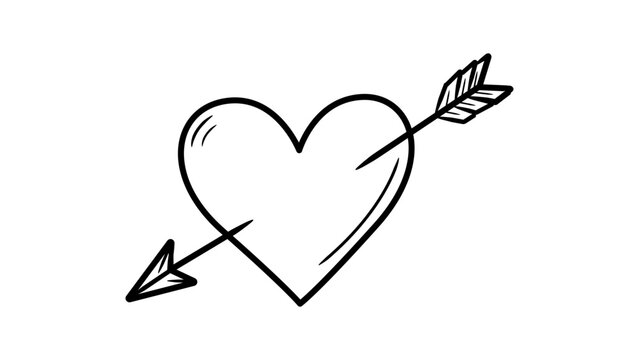 Hand-drawn heart with arrow through it, minimalist black line vector icon on white background, cupid's arrow illustration, romantic symbol for Valentine's Day or love, clean scalable SVG graphic