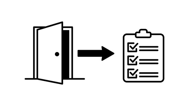 Offboarding process vector icon illustration featuring an open door with an arrow pointing to a completed checklist on a clipboard, minimalist black line art on a white background for business.