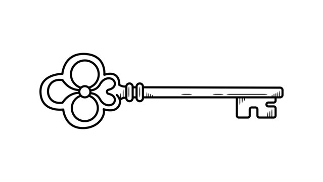Vintage skeleton key vector icon illustration with an ornate bow and classic bit, hand-drawn minimalist black line art on a white background, perfect for antique, security, or mystery themes.
