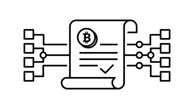 Cryptocurrency Smart Contract Vector Icon: A minimalist black line illustration of a digital agreement on a scroll with a Bitcoin symbol and blockchain nodes, isolated on a white background.