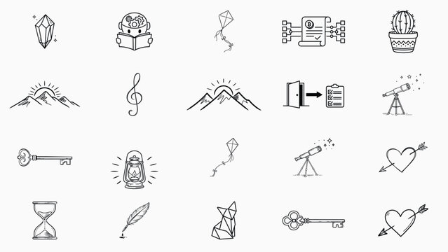20 Hand-Drawn Minimalist Vector Icon Set Bundle, Black Line Outline Illustrations including Cryptocurrency, Nature, Business, Science, Music, Love, and Technology Symbols for Graphic Design.