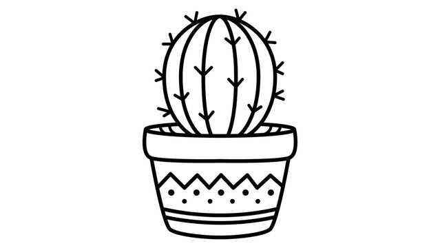 Minimalist black line vector icon illustration of a small round cactus in a decorative pot with zigzag patterns and dots, hand-drawn style on a white background for nature and plant design.