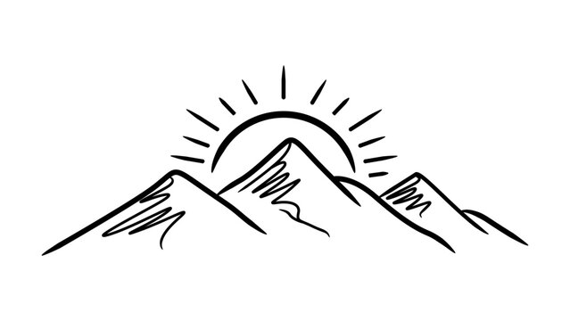 Minimalist black line vector icon of mountain peaks with a rising sun behind them. Hand-drawn sketch illustration on a white background, perfect for travel, adventure, and nature branding.