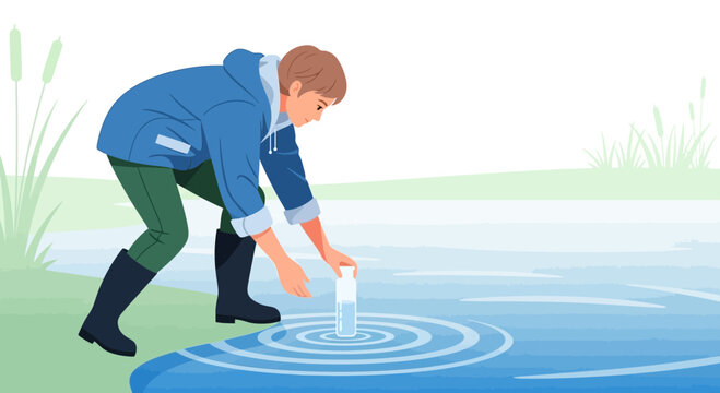 Scientist Collecting Water Sample From Lake Environment For Analysis