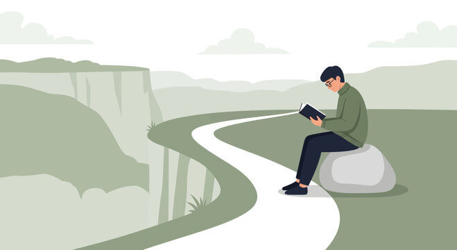 Serene Man Reading Book Amidst Dramatic Mountain Scenery