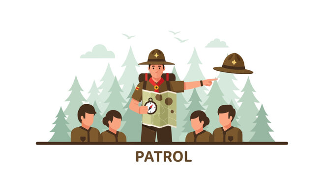 Scout Leader Guides Patrol Through Forest Adventure On Map Showing Compass Direction