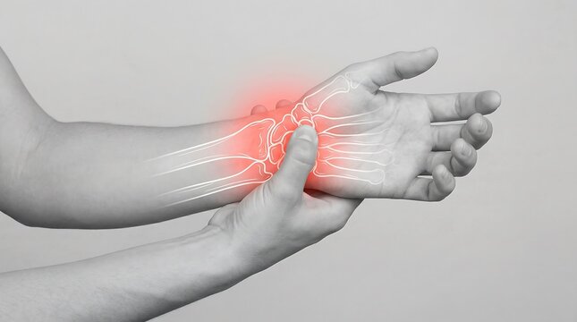 Human wrist pain, an X-ray illustration of carpal bones with red highlighted inflammation. Medical concept of wrist injury, arthritis, or carpal tunnel syndrome.