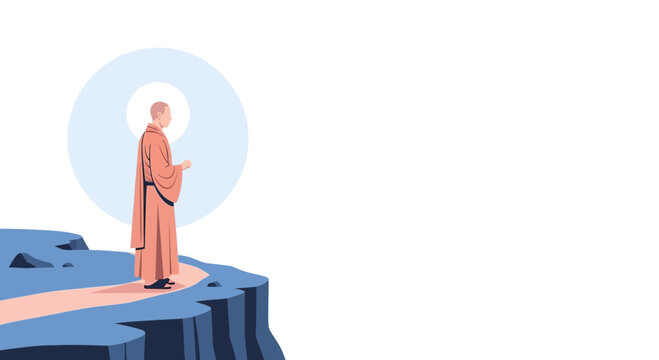Serene Monk Contemplates Enlightenment On A Cliff Edge Overlooking Vastness