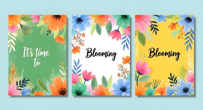 Watercolor spring floral blooming cards set with green and yellow backgrounds