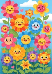 Fototapeta premium A group of cartoon flowers with smiling faces