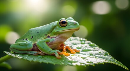 Obraz premium Vibrant Green Tree Frog Perched on a Dew-Kissed Leaf in Soft Sunlight.