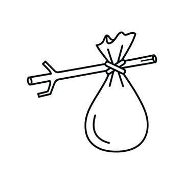 Minimalist black and white line art of a traditional bindle sack tied to a wooden stick, symbolizing a nomadic journey, homelessness, or a simple adventure on the road.