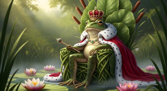 Majestic Frog King Enthroned in Lush Swamp Kingdom.