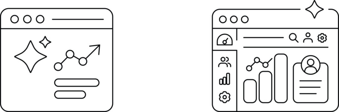 Dashboard icon minimalist line art for web applications, Professional analytics interface outline vector graphics, Simple data visualization dashboard design elements. Editable stroke.