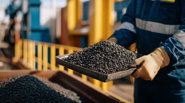 Detailed shot of gloved hands sorting and examining raw iron ore pellets, bright morning sunlight casting delicate shadows, metal tray and industrial surfaces clean and orderly, fo