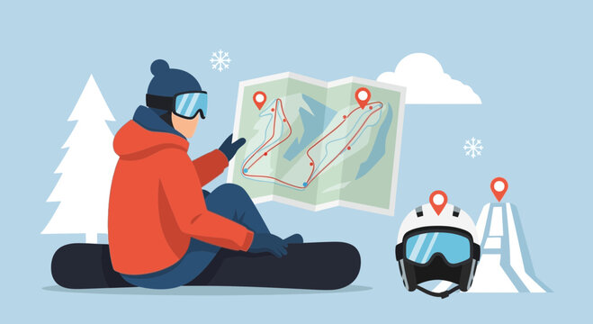 Snowboarder Planning Route On Ski Map Adventure Outdoors