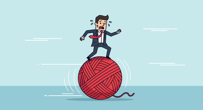 Struggling Businessman Balances Precariously on a Giant Unraveling Ball of Yarn