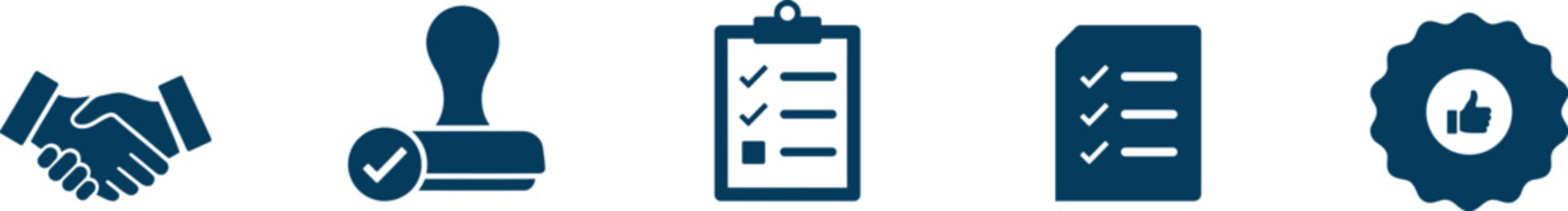 Business agreement icons set with handshake and approval stamp, Professional quality assurance symbols featuring checklist and certification seal, Commerce graphics for contracts and verified partners