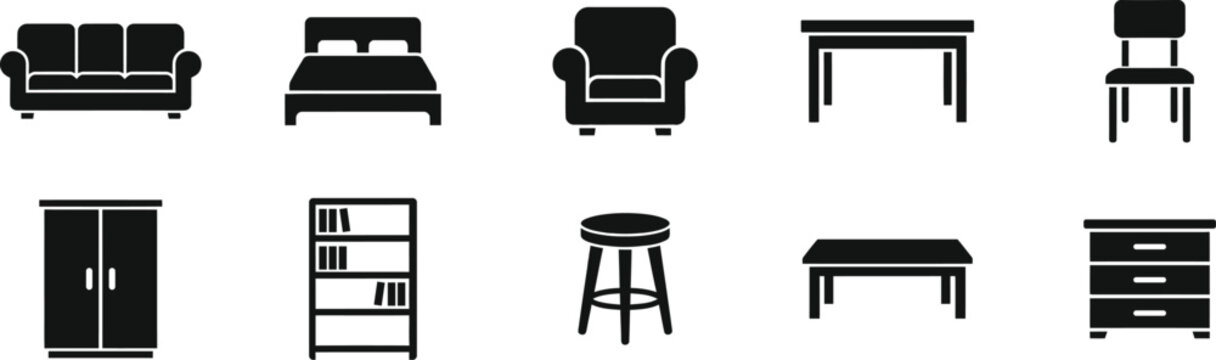 Furniture Icon Set  Sofa, Bed, Chair, Table, Wardrobe Silhouette Collection, Home Interior Vector Icons Black Minimal