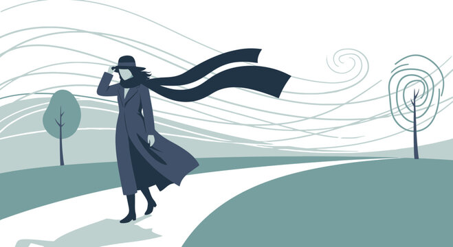 Stylized Woman Walking on Windy Path Silhouette Minimalist Art Style