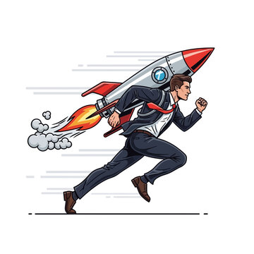 Successful Businessman Accelerating Forward with Rocket Propulsion