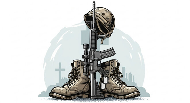A solemn illustration of military gear including boots, rifle, and helmet, symbolizing sacrifice and remembrance.
