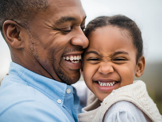 Obraz premium Joyful father and daughter sharing a heartwarming embrace and laughing together outdoors