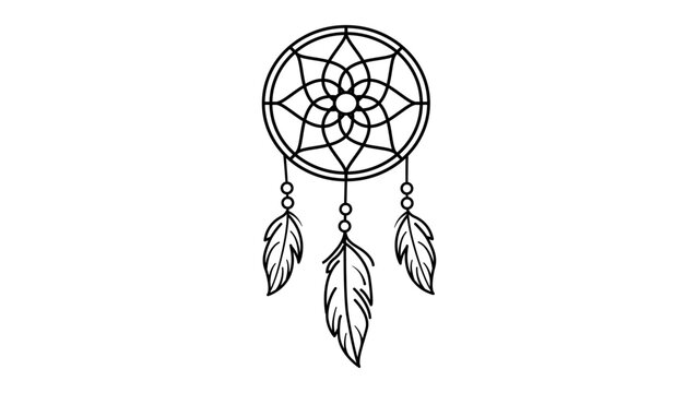 Minimalist black line vector icon illustration of a traditional dreamcatcher featuring a geometric floral web and three hanging feathers, isolated on white for boho design and spiritual themes.
