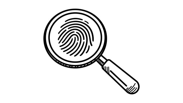 Minimalist hand-drawn black line vector icon illustration of a magnifying glass focusing on a fingerprint, symbolizing investigation, forensic search, and security, on a white background.