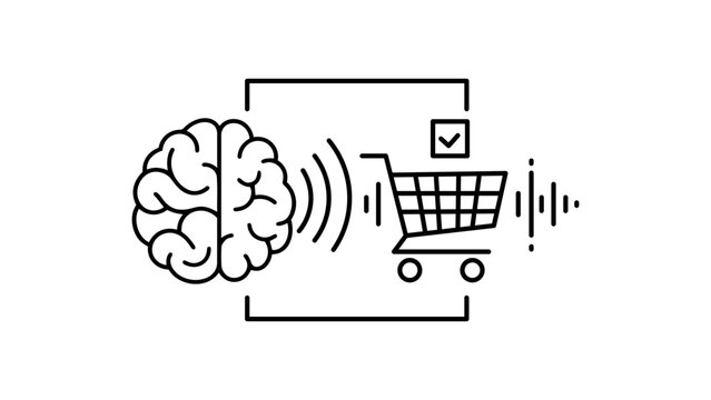 Neuromarketing concept vector icon illustration featuring a human brain sending signals to a shopping cart with a checkmark, minimalist black line art on white background for business and retail.