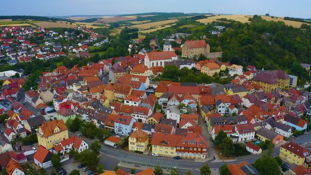 Aerial view of the old town of the city Arnstein in Germany, Bavaria on a late spring afternoon