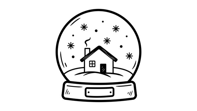 Minimalist Hand-Drawn Black Line Vector Icon of a Snow Globe with a Small House and Falling Snowflakes Inside, Isolated on a White Background for Winter Holiday and Christmas Graphic Design